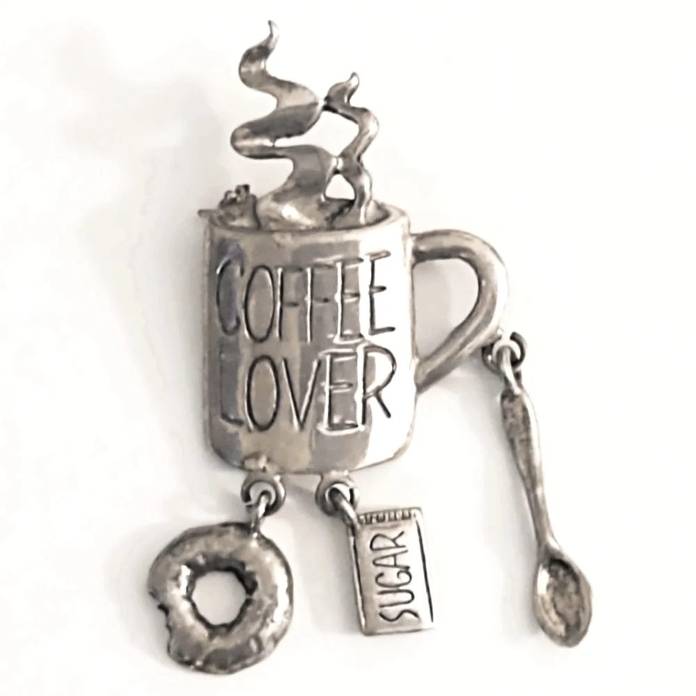 Vintage Sterling Silver Whimsical Coffee Lover Brooch